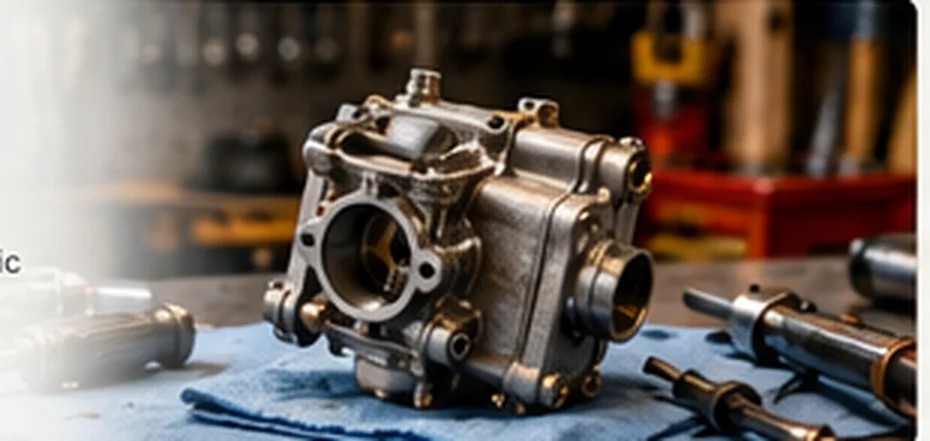 Illustration of a carburetor on a workshop bench