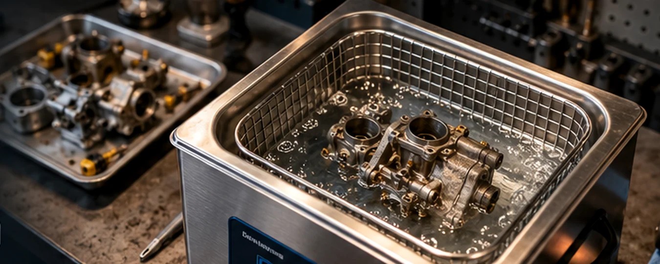 Editorial concept illustration of an ultrasonic parts cleaner and workbench, not a verified CREWORKS model photograph